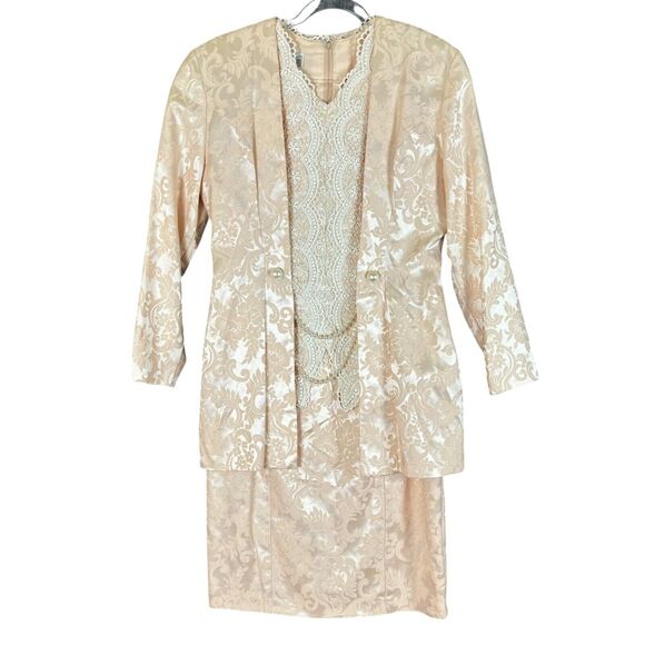 Vtg Jessica McClintock Lace Brocade Pearls Dress Jacket Set Bridal Pink NWT 12 - Picture 1 of 16